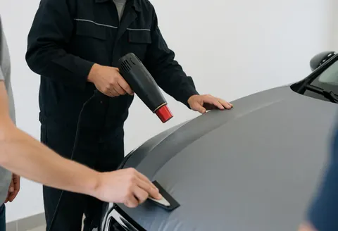 Technician applying matte vinyl wrap to a car hood using a heat gun and squeegee in a workshop setting