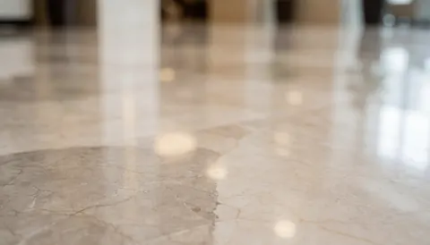 Close-up view of a polished marble floor in a hotel lobby featuring soft reflections and elegant warm tones suitable for text overlay