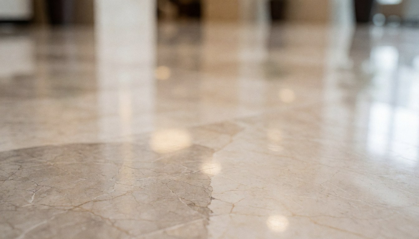 Close-up view of a polished marble floor in a hotel lobby featuring soft reflections and elegant warm tones suitable for text overlay
