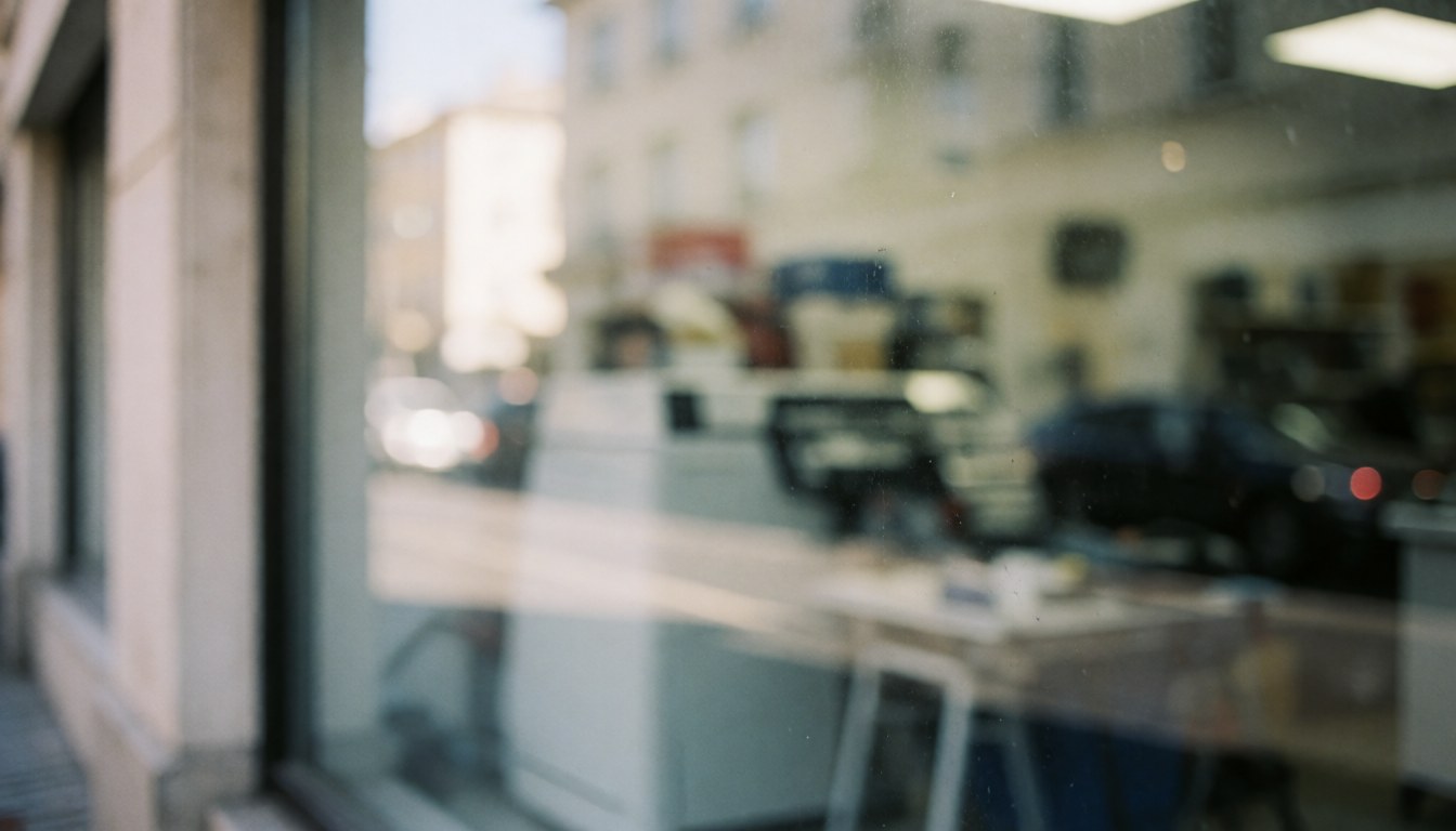 Soft focus background of an appliance repair shop window with street reflections and natural light, suitable for text overlay