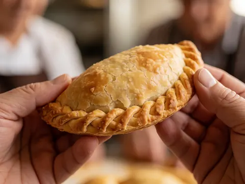 Close-up of hands holding a warm, golden-brown empanada with a crispy crust against a blurred background.