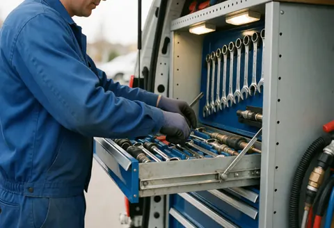 Technician in blue uniform organizing wrenches and tools in a van cabinet with practical lights and gas pipes.