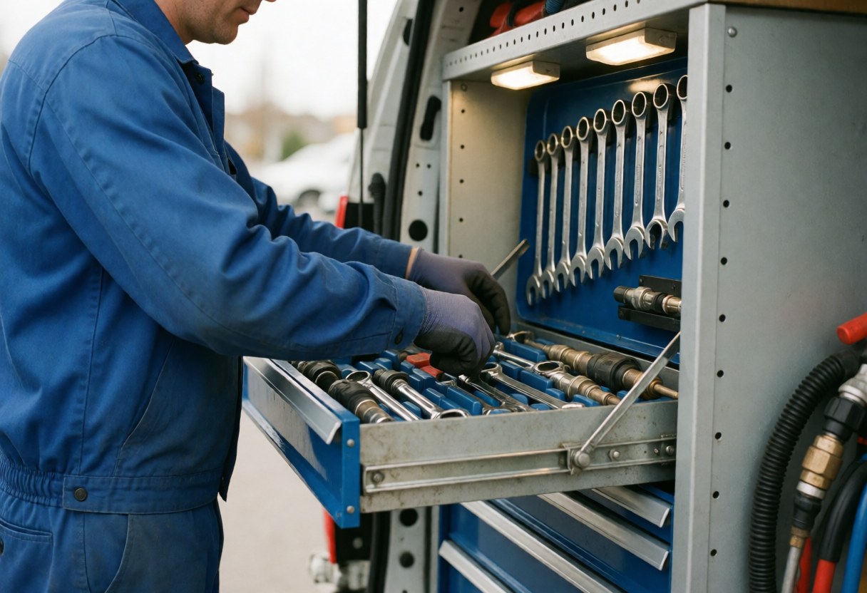 Technician in blue uniform organizing wrenches and tools in a van cabinet with practical lights and gas pipes.