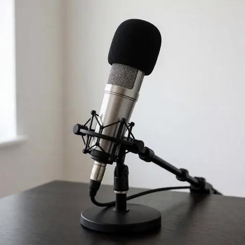 Professional microphone with black windscreen mounted on a black stand over a dark table, suitable for audio recording at an entertainment center.