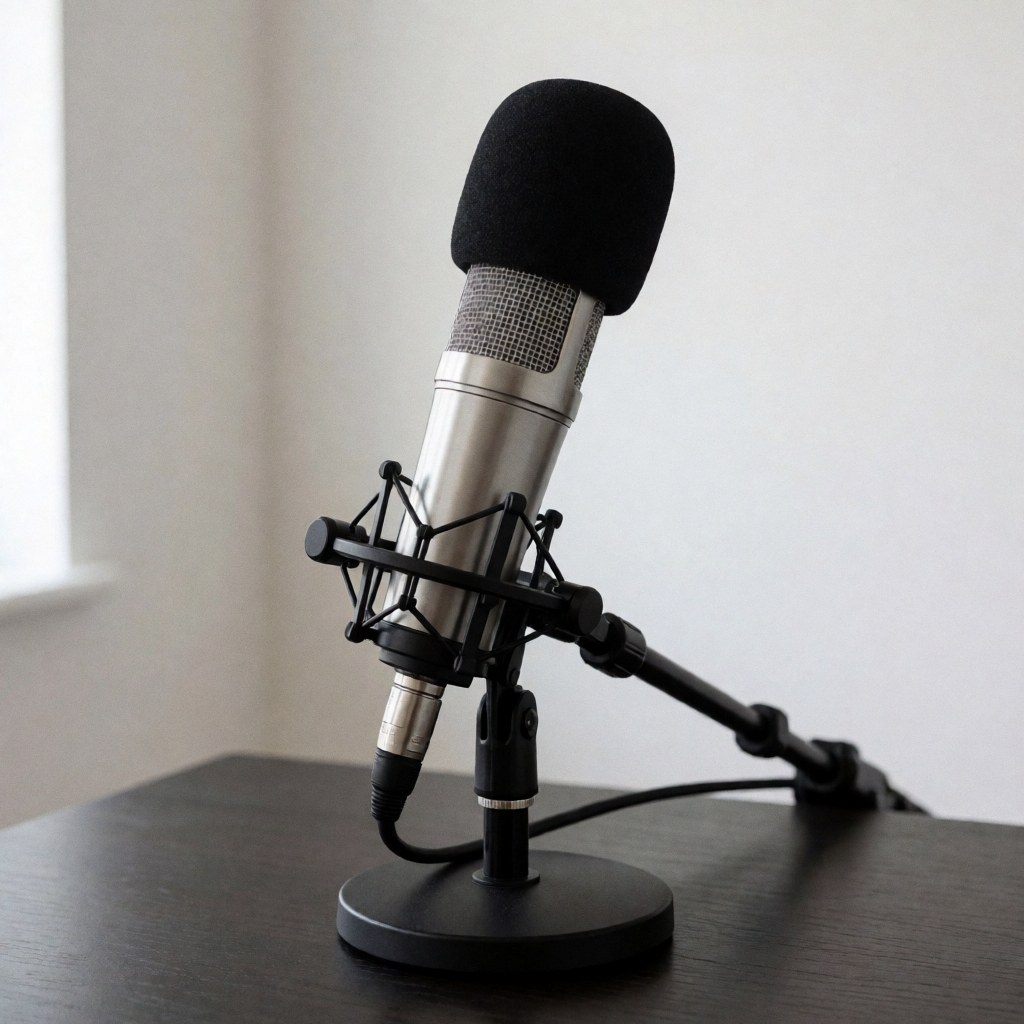Professional microphone with black windscreen mounted on a black stand over a dark table, suitable for audio recording at an entertainment center.