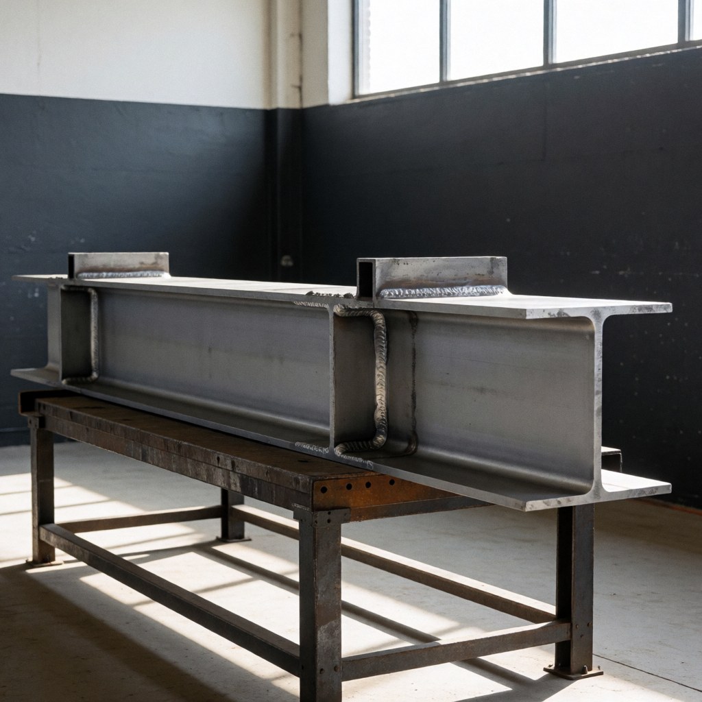 Welded steel framework in an industrial workshop with natural light and dark walls, suitable for construction and welding businesses.
