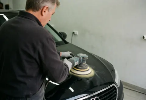 A detailer wearing gloves uses a rotary buffer to polish the hood of a black car in a workshop with light gray walls.