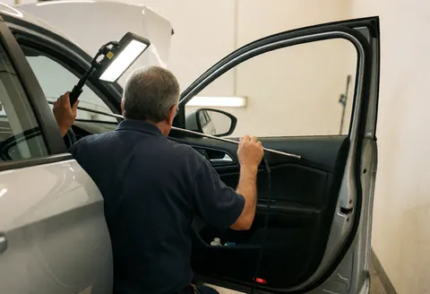 A technician inspects the interior of a car door using a bright light and a flexible tool in a clean workshop.