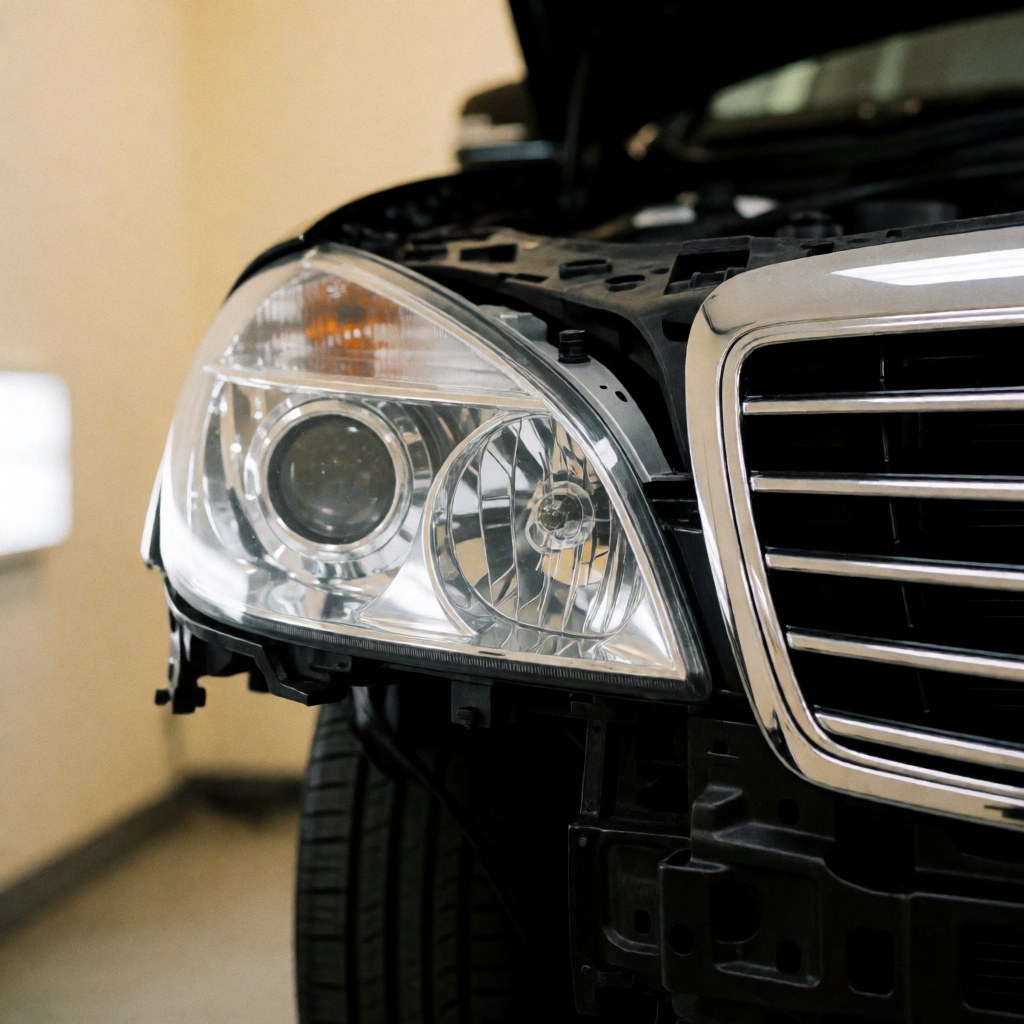 Close-up of a shiny car headlight and grille in an auto body shop with a blurred beige background and natural light.