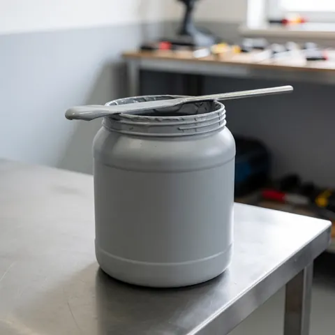 Gray epoxy paint container with metal mixer on stainless steel table in auto body shop