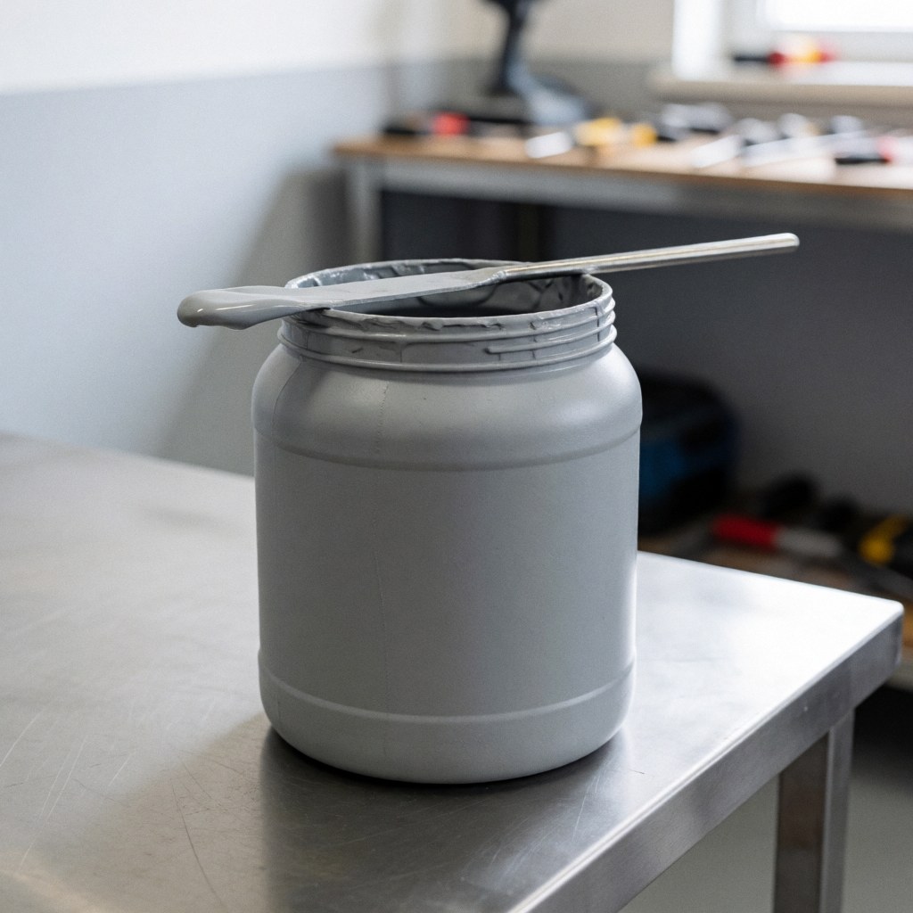 Gray epoxy paint container with metal mixer on stainless steel table in auto body shop