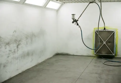 Empty auto paint booth with stained walls, hanging spray gun, and HEPA filter in corner under bright lighting