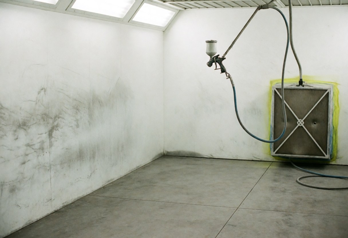 Empty auto paint booth with stained walls, hanging spray gun, and HEPA filter in corner under bright lighting