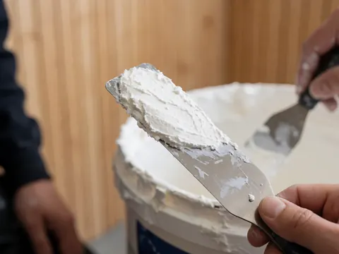 Close-up of a metal spatula holding white body filler putty with a tube in the background against a wooden surface for auto repair