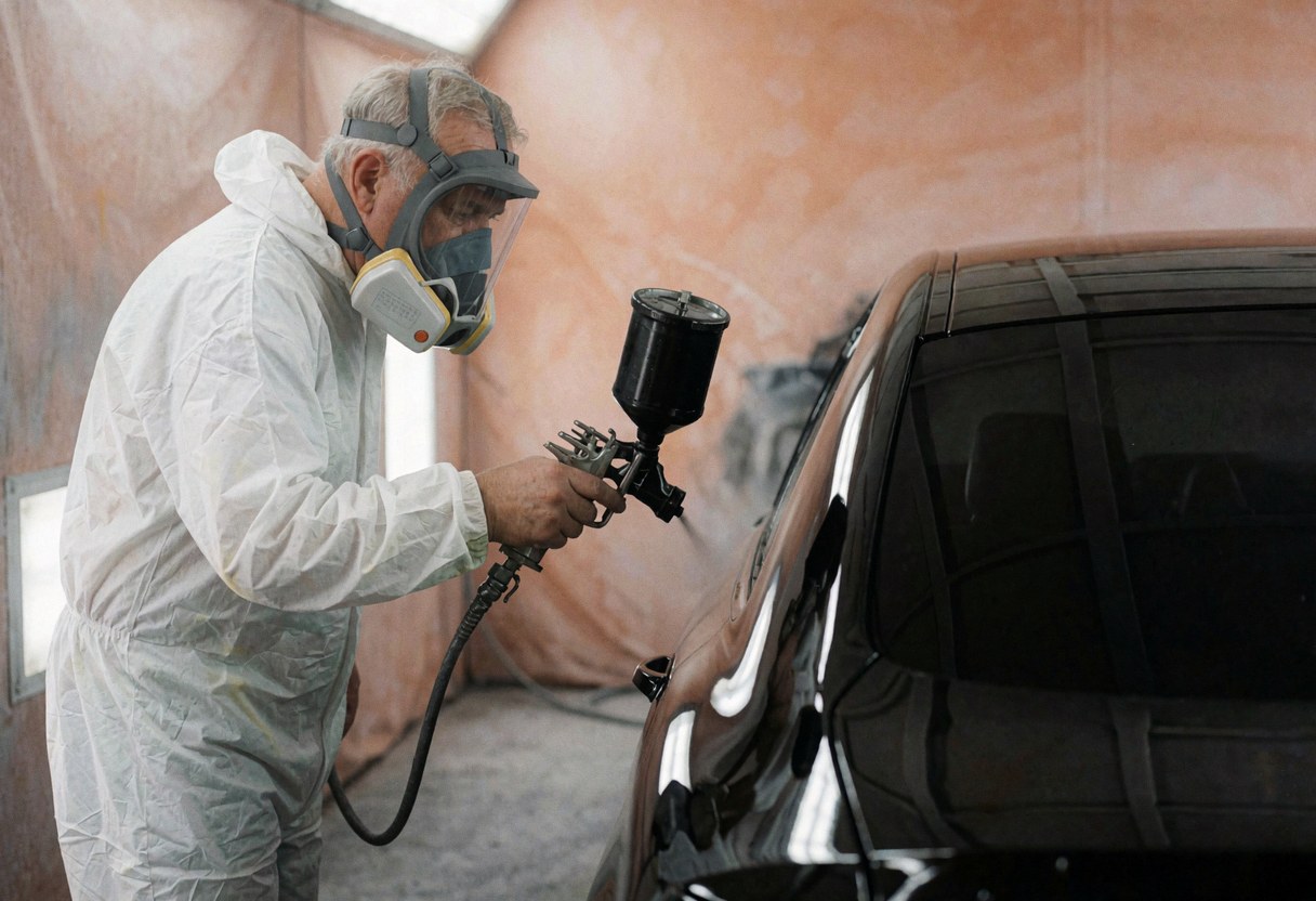 Technician in white suit and mask painting the hood of a shiny black car with a spray gun in a terracotta-walled paint booth.