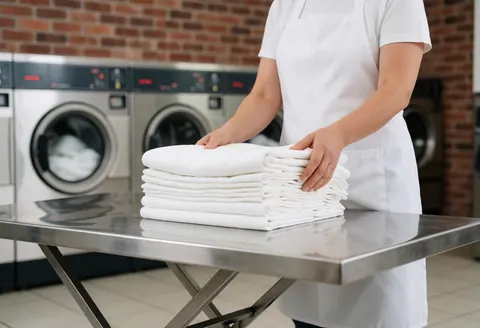 Worker folding white towels on stainless steel table with industrial machines in background