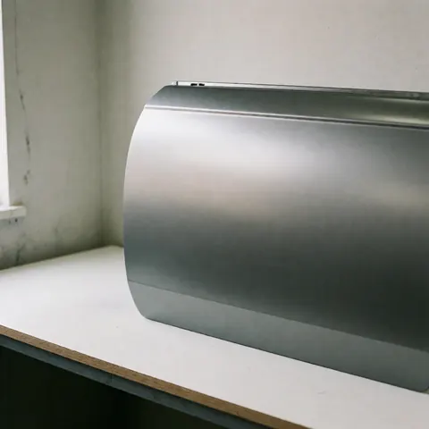 Matte gray metallic car body panel with protective finish on a white workbench in a workshop with soft natural lighting