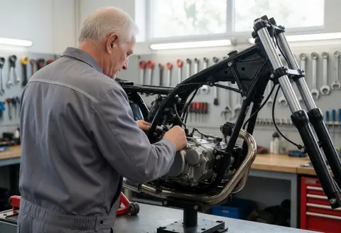 Technician working on a motorcycle engine mounted on a stand in a workshop with tools on the wall and natural light