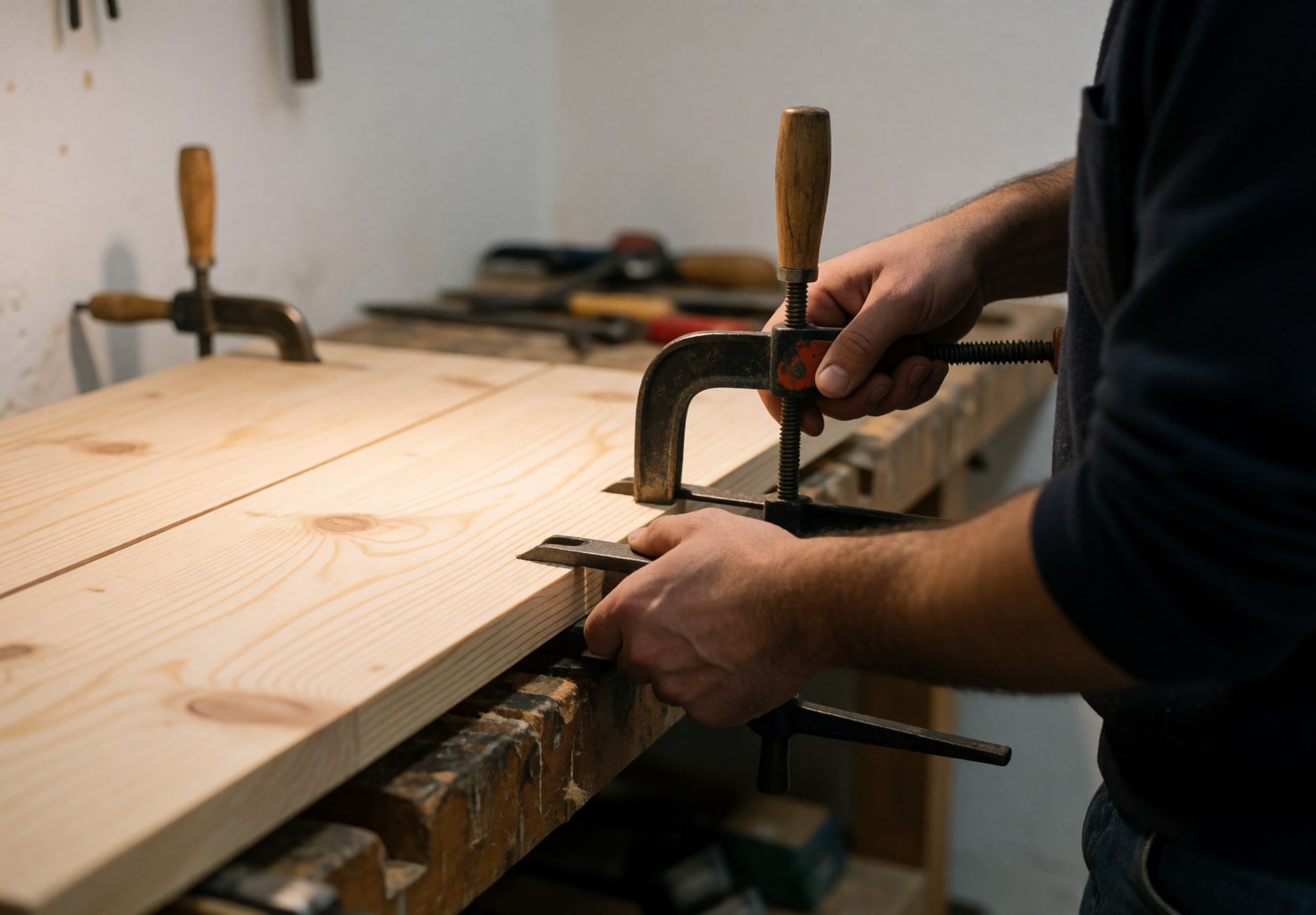 Carpenter adjusting nails on a wooden board with tools in a workshop with warm light and blurred background.
