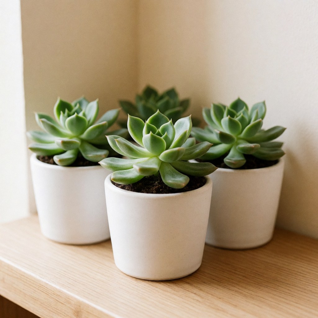 Three green succulents in white ceramic pots placed on a light wooden surface with soft natural lighting