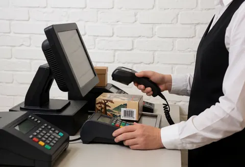 A cashier scans a product with a barcode scanner at a clean counter in a zoo, featuring a white brick wall and professional uniform.