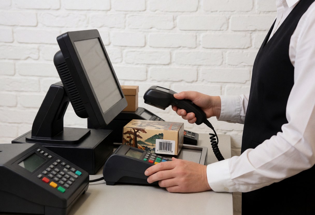 A cashier scans a product with a barcode scanner at a clean counter in a zoo, featuring a white brick wall and professional uniform.