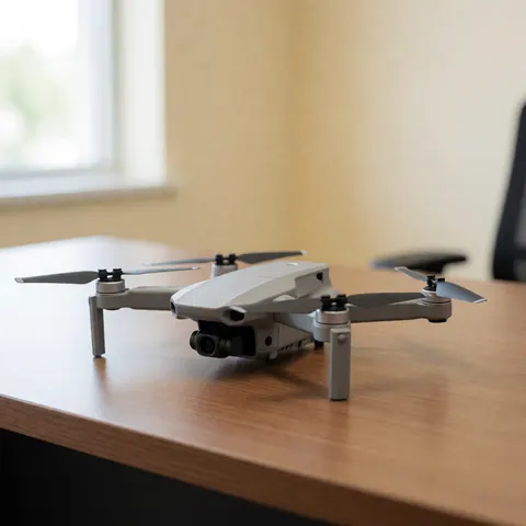 Gray educational drone with black propellers on a wooden table, lit by natural window light, blurred office background