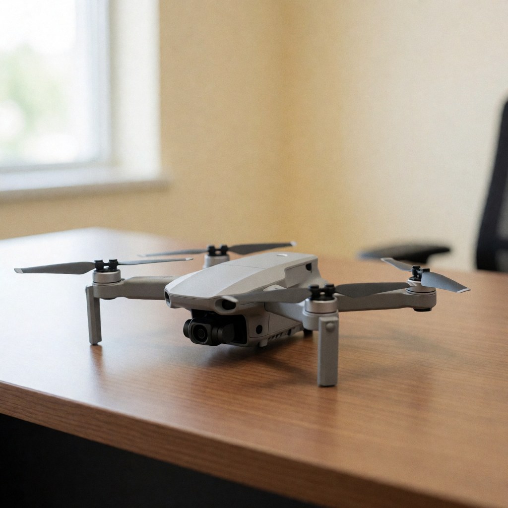 Gray educational drone with black propellers on a wooden table, lit by natural window light, blurred office background