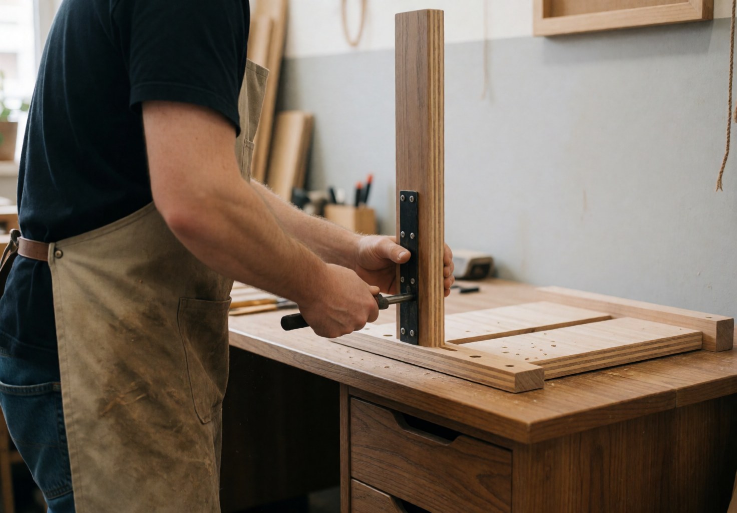 Carpenter using a tool to adjust a desk mechanism in a workshop with blurred background and visible wood and tools