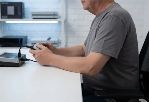 Technician using a diagnostic tool with a green light to check a controller on a white desk with shelves in the background