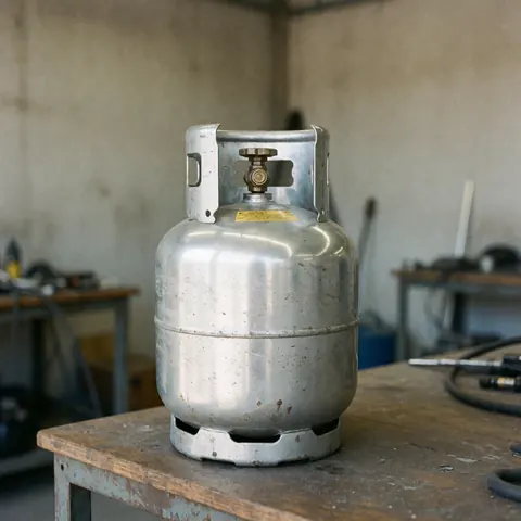 Twenty pound portable gas cylinder resting on a wooden workbench in a workshop with blurred concrete walls and natural lighting