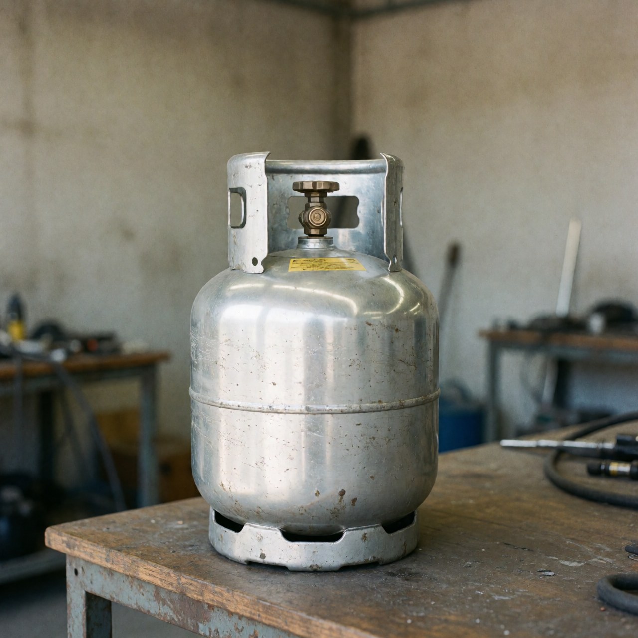 Twenty pound portable gas cylinder resting on a wooden workbench in a workshop with blurred concrete walls and natural lighting