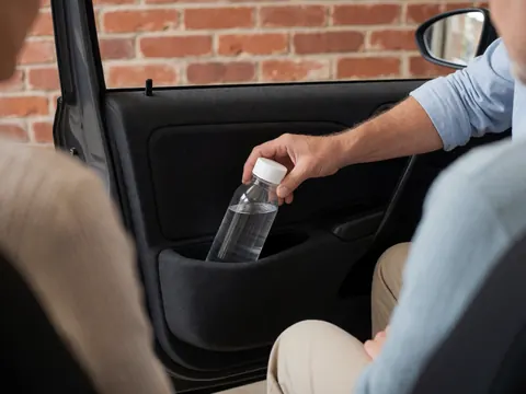 Close-up of a hand putting a water bottle into the storage pocket of an open car door, highlighting ride-hailing service details.
