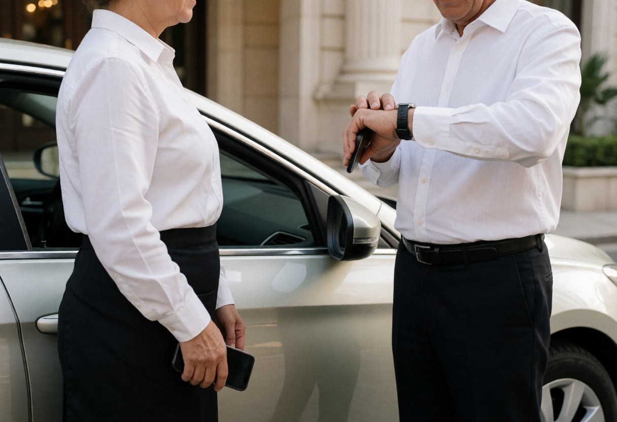 A ride-hailing driver checks his watch while a client stands nearby waiting next to the vehicle in an urban setting.