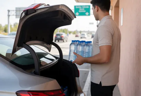 A ride-hailing driver loads water bottles into the trunk of his car during a rest stop on the highway with traffic in the background