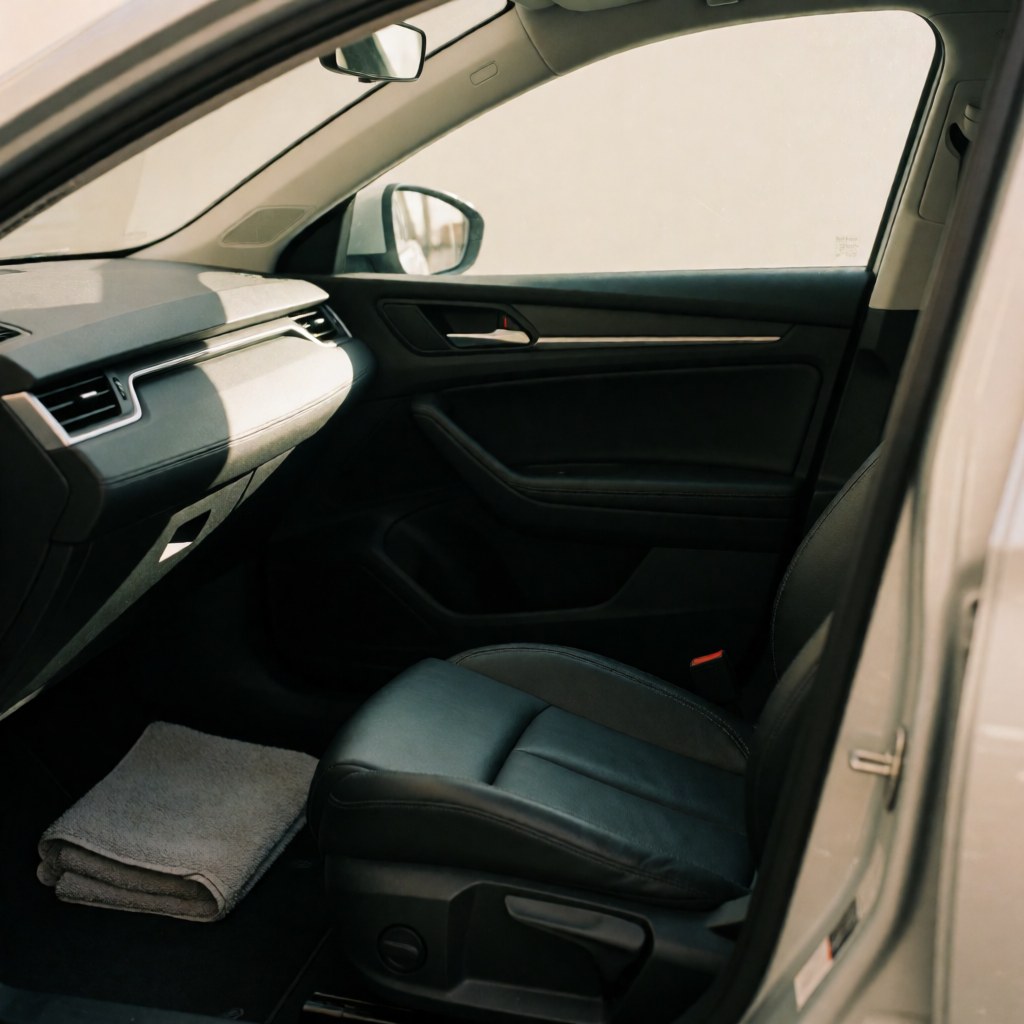 Close-up of a modern black leather car seat with subtle stitching, a folded gray towel on the floor, and sunlight illuminating the dashboard.