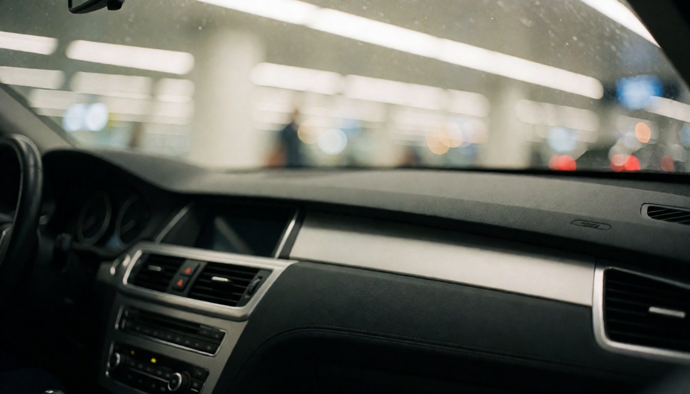 Blurred airport lights visible through a car windshield behind the dashboard, creating a calm and safe background for text overlays.