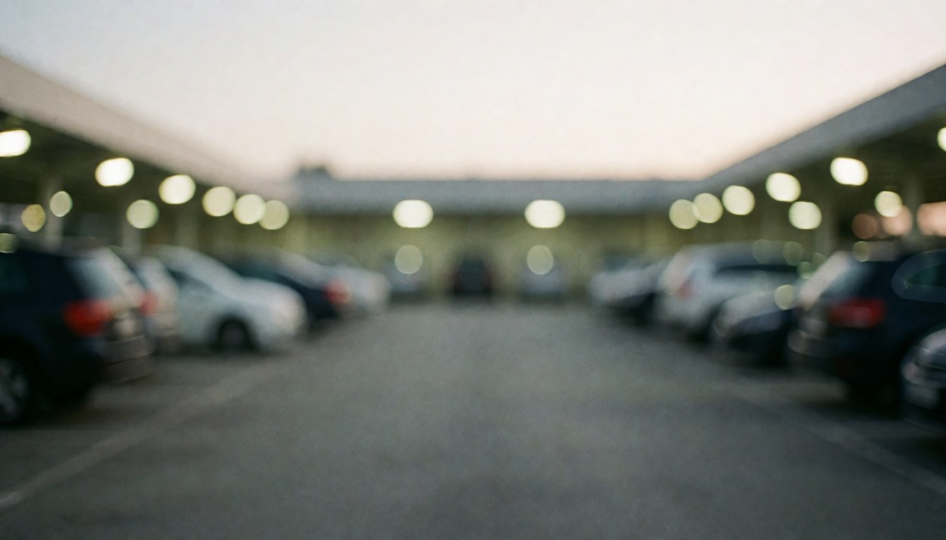 Professional blurred background of parked cars and bright lights in a parking lot, suitable for business text overlays