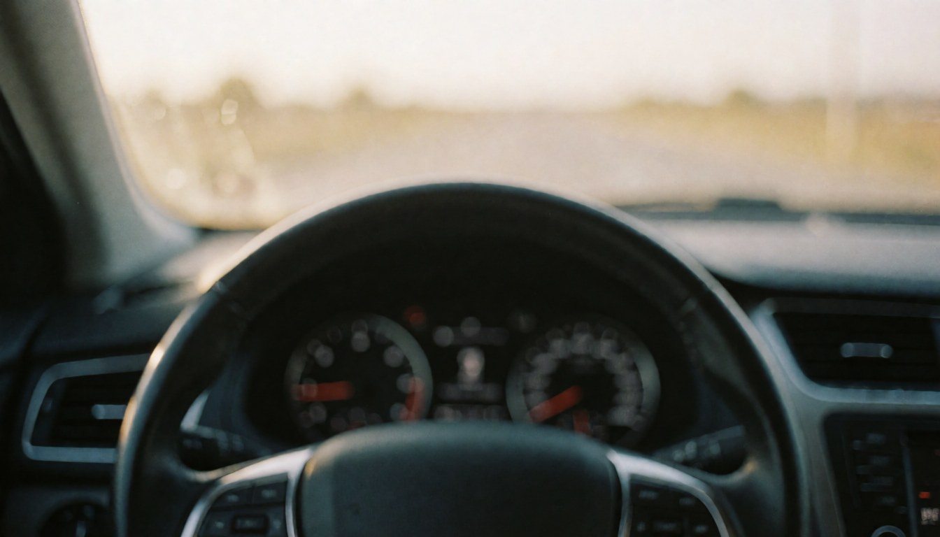 A blurred view of a car interior featuring a steering wheel and dashboard with warm lighting, providing a calm background suitable for text overlays.