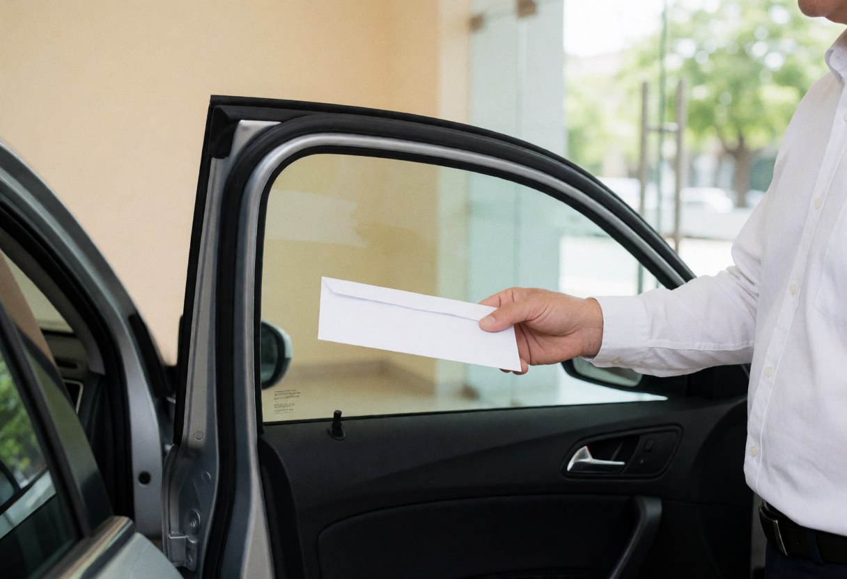 A driver hands a white envelope to a client in front of a modern building with glass doors on a sunny day