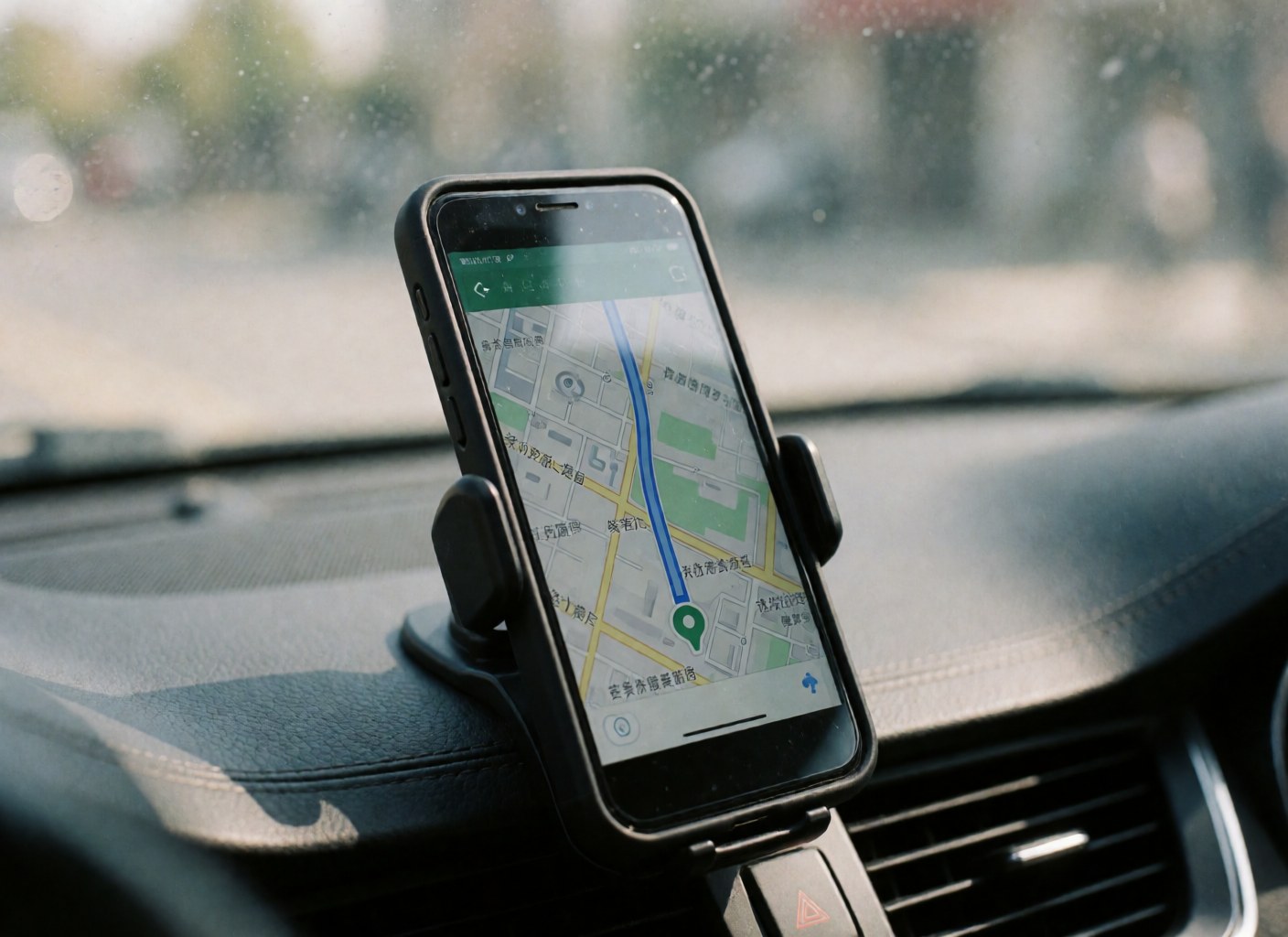 Mobile phone in a car mount displaying a blue route map, viewed from inside the vehicle showing the seat and steering wheel.