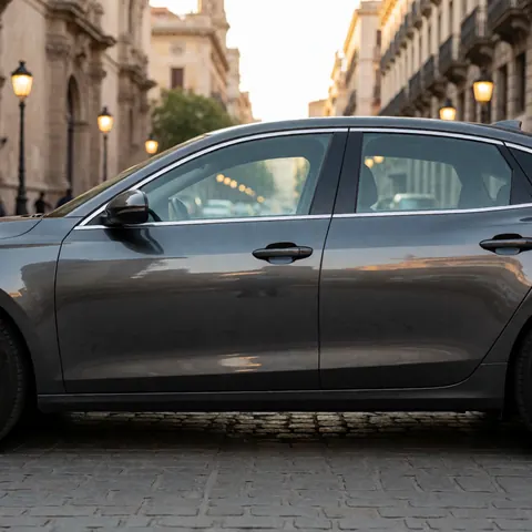 Modern gray sedan parked on a cobblestone street with warm light reflections and blurred historic architecture in the background.