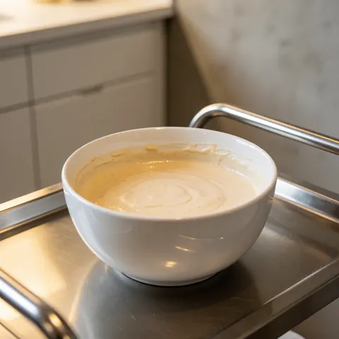 White bowl containing beige chemical peel paste placed on a metal utility cart against a plain wall and office furniture background