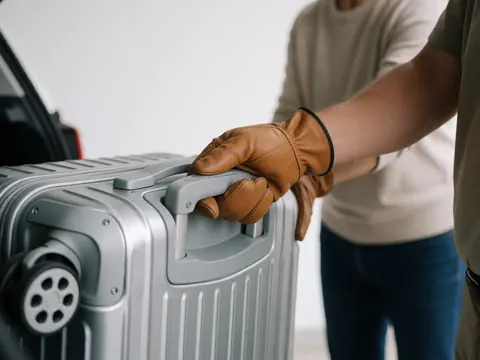 Close-up detail of a hand wearing a leather glove placing a travel suitcase into the trunk of a car, highlighting texture and contact.