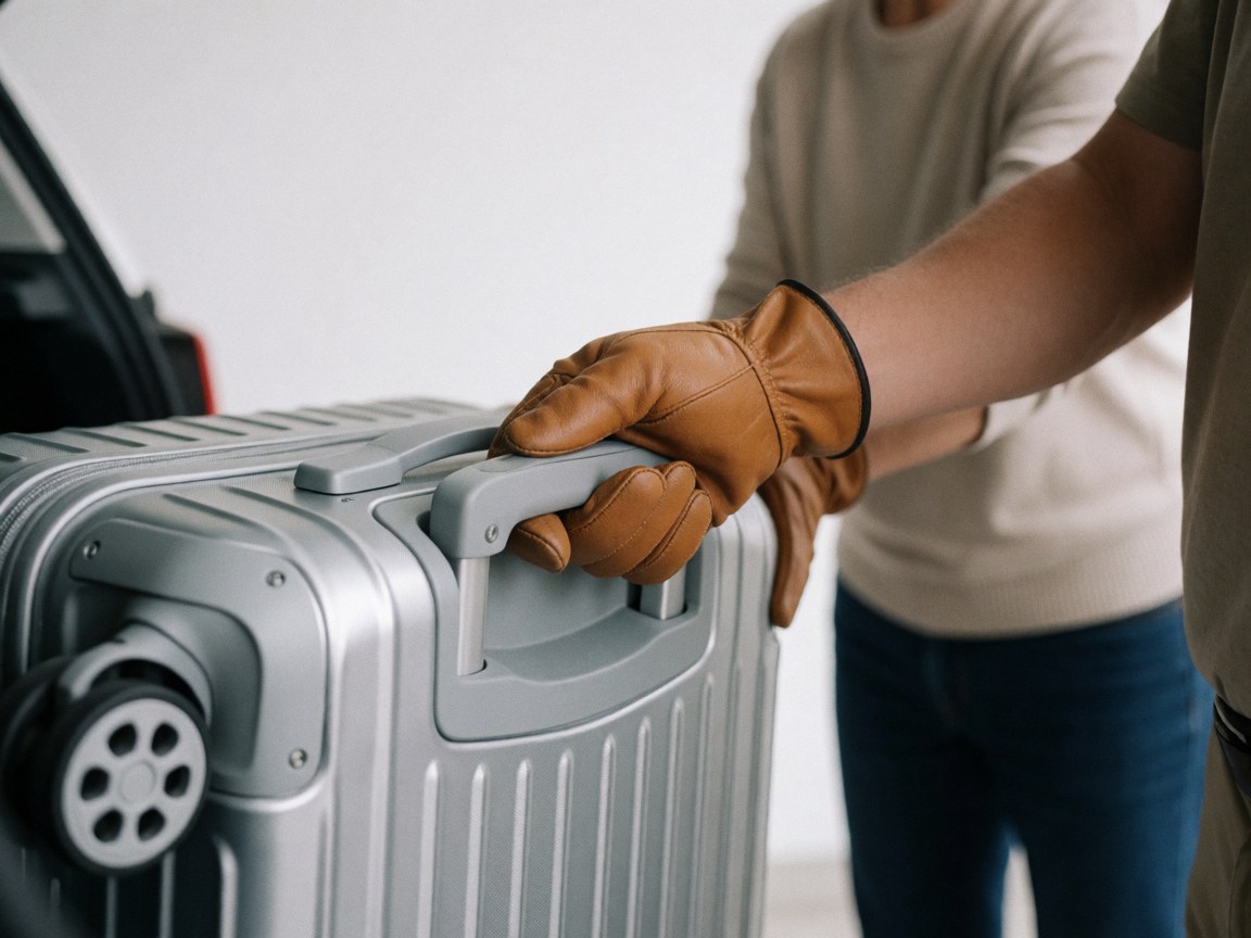 Close-up detail of a hand wearing a leather glove placing a travel suitcase into the trunk of a car, highlighting texture and contact.