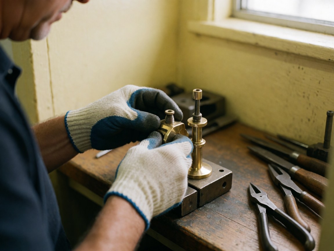 Close-up of a gloved hand adjusting a bronze component on a workbench with repair tools nearby and natural light from a window