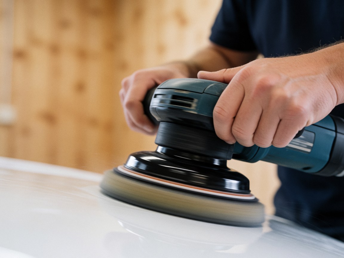 Close-up of a rotary tool polishing a white vehicle surface with hands visible, set against a light wood wall background.