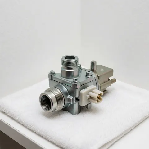 New gas valve with electrical connectors placed on a white towel for heating repair against a clean white background