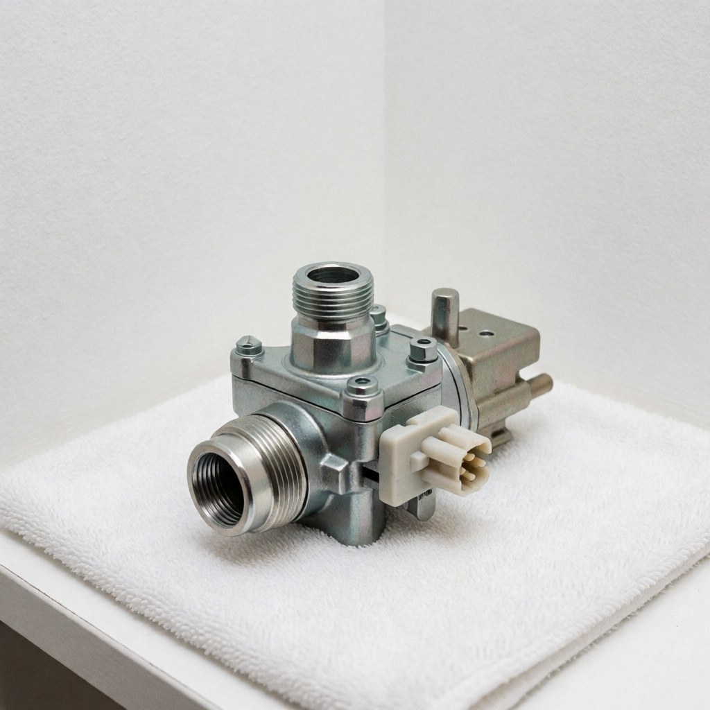 New gas valve with electrical connectors placed on a white towel for heating repair against a clean white background