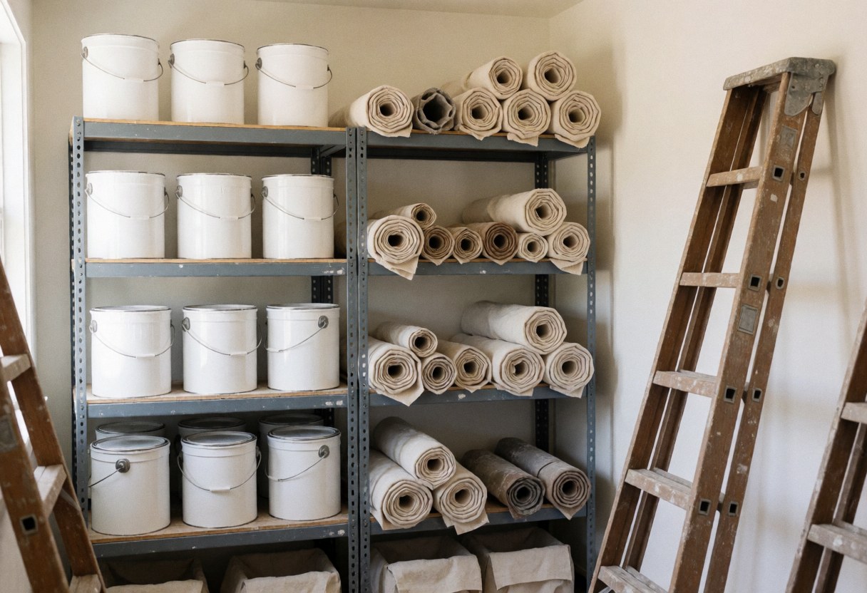 Paint storage warehouse featuring metal shelves, wooden ladders, and fabric rolls illuminated by natural light, suitable for house painters.